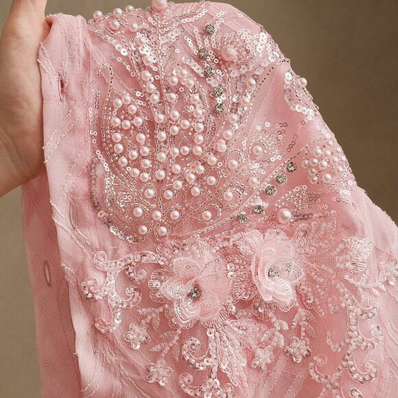Baby Pink Elegant Women's French Beaded Floral Casual Long Sleeve Sheer Textured - Picture 8 of 8